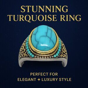 Turquoise Statement Ring Gold Silver Accents Size 8 to 11